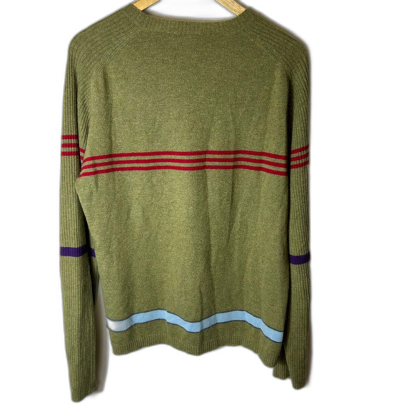 Gene Meyer Olive 100% Cashmere Red Blue Striped Crewneck Sweater Size XL - Picture 7 of 10